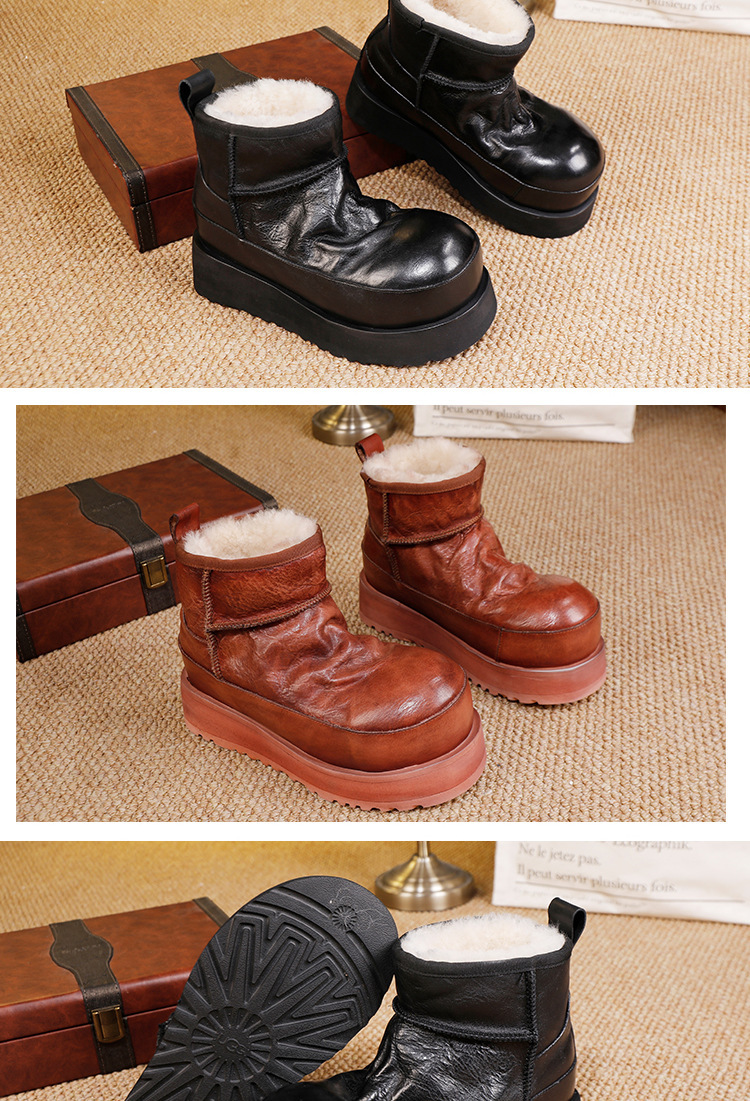 Boot nữ cổ ngắn lót lông cừu da bò lộn giữ ấm mùa đông — màu đen, màu nâu