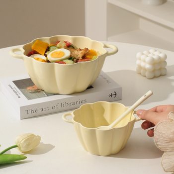 Cream-Colored Ceramic Large Double-Handle Instant Noodle Bowl, Ins-Style Snail Noodle Soup Bowl, Salad Bowl, Pumpkin Bowl, Microwave-Safe