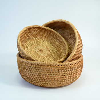 Rattan Round Fruit Basket Woven Storage Basket Storage Basket Living Room Fruit Plate Woven Basket Household Steamed Bread Basket