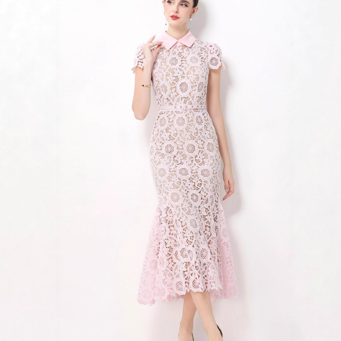 Elegant Lace Midi Dress Flattering Fit Hollow out Design Short Sleeves Perfect for Autumn Events Wholesale Available