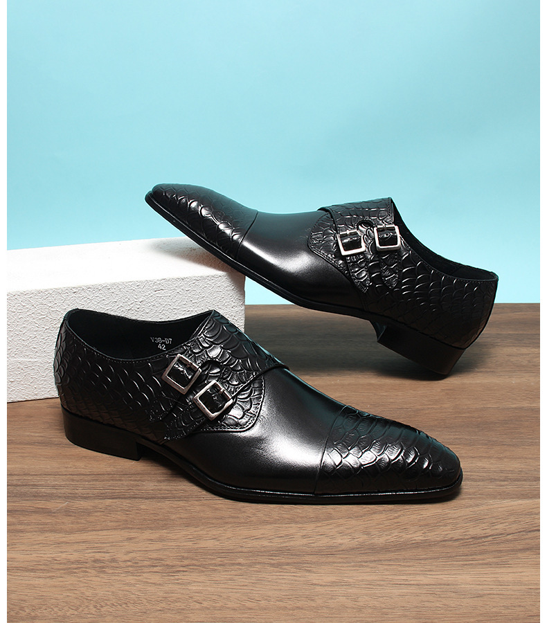 Giày monk nam mũi nhọn khóa cài da bò thật phong cách lịch lãm — Màu đen, Cà phê đỏ