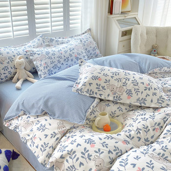 ins small fresh cotton floral four-piece set thickened sanding bed sheet quilt cover dormitory wash cotton three-piece set Wholesale