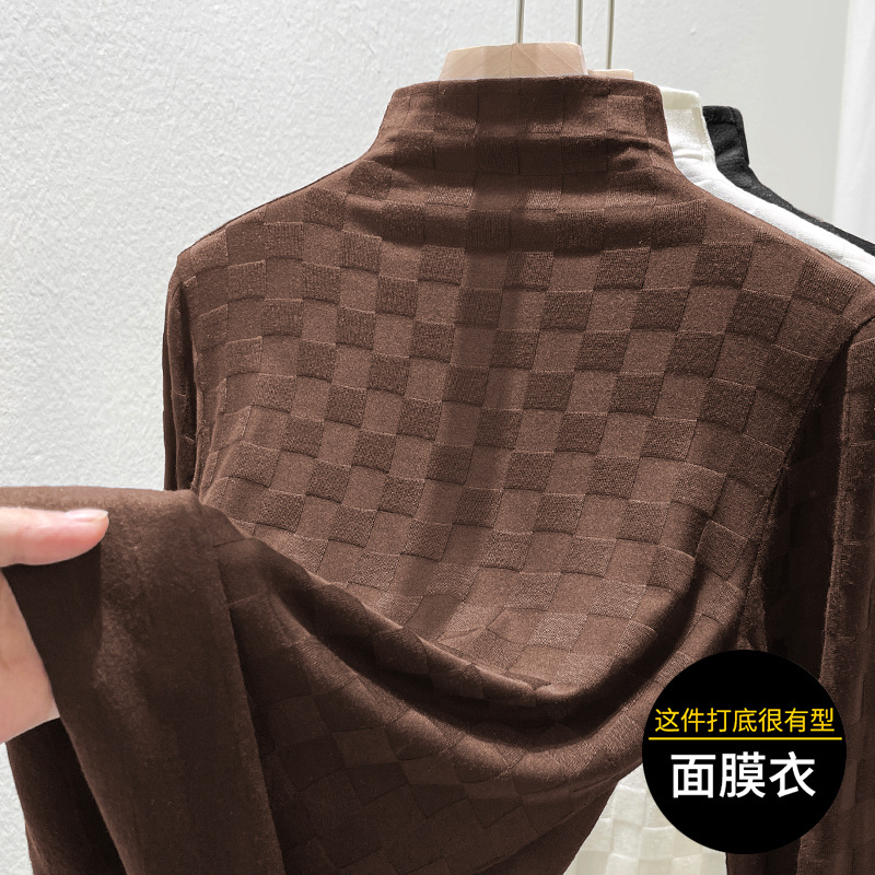 欧货半高领格子提花t恤女2025秋冬新款洋气加绒内搭打底衫上衣潮
