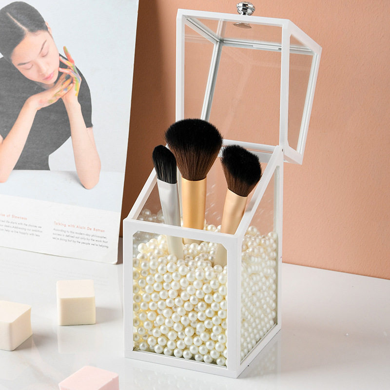 Customized Plastic Edge Glass Dressing Table Transparent Flip-Top Dust-Proof Desktop Organizer Lipstick Eyebrow Pencil Makeup Brush Storage