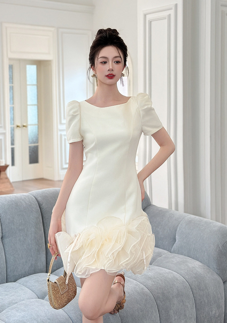 Đầm ôm body nữ cổ tròn tay bồng phong cách Pháp — [Màu hồng đào] chi tiết 5