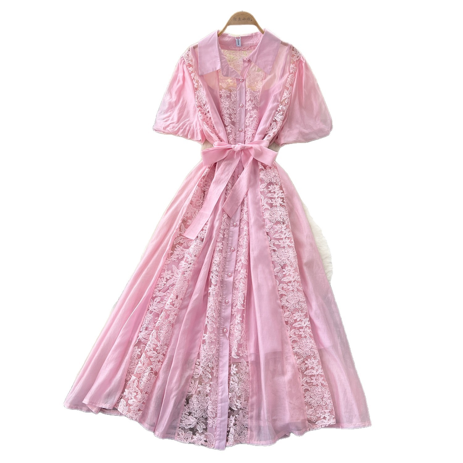Pink Lace Embroidered A Line Dress High Waist Slim Fit Elegant Style Summer Occasion Wholesale Available