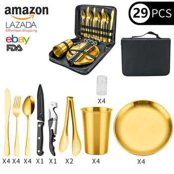 Cross-border 410 stainless steel cutlery cutlery convenient portable outdoor camping travel picnic cloth bag suit