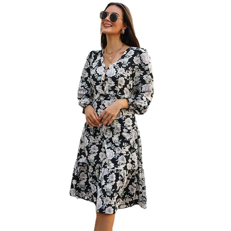 Elegant Floral Long Sleeve Dress Waist Defined Autumn Winter Style Wholesale Available customizable