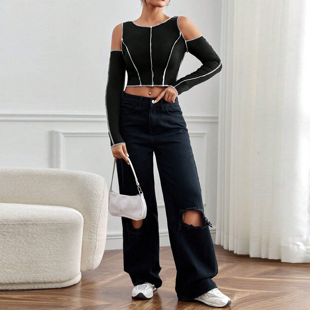 Slim Fit Color Block Off Shoulder Long Sleeve T Shirt Stylish Stitching Detail Casual Wear for Women Wholesale Available