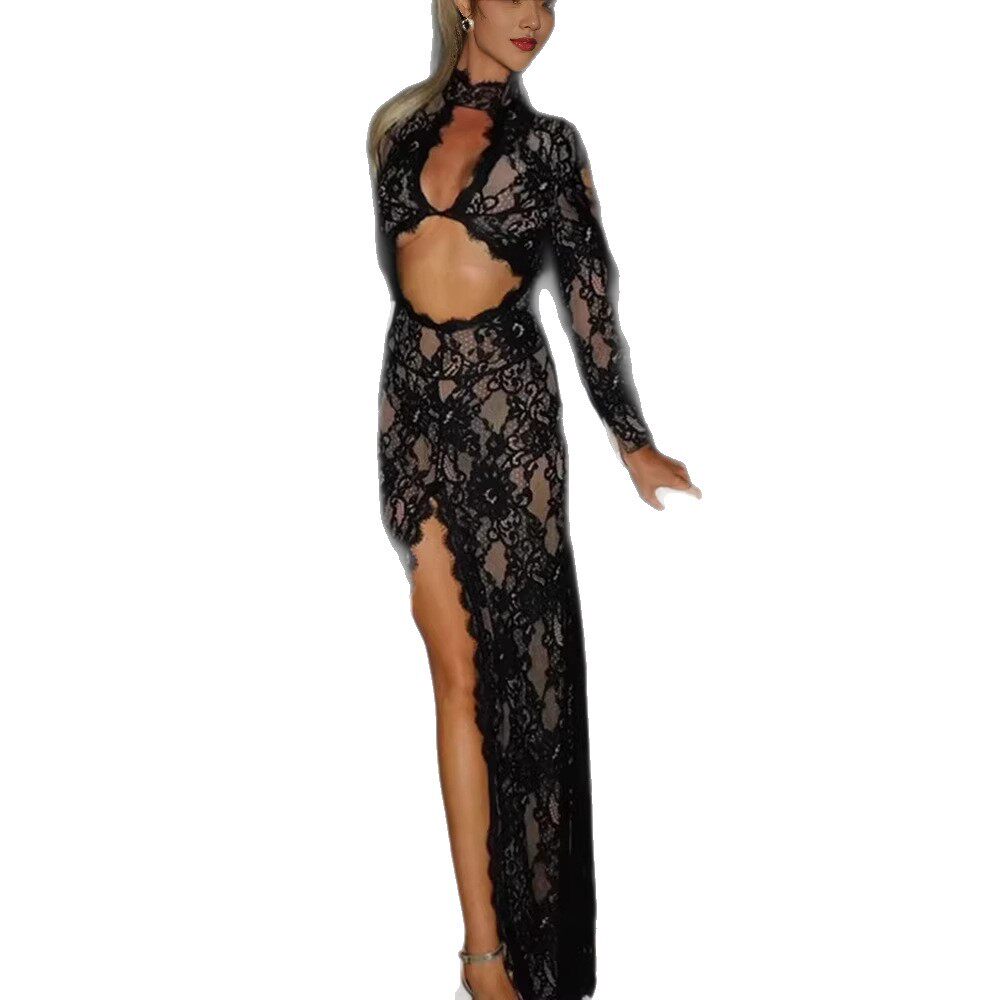 Lace Evening Dress Sexy Hollow Design High Neck High Slit Elegant for Red Carpet Events Wholesale Available
