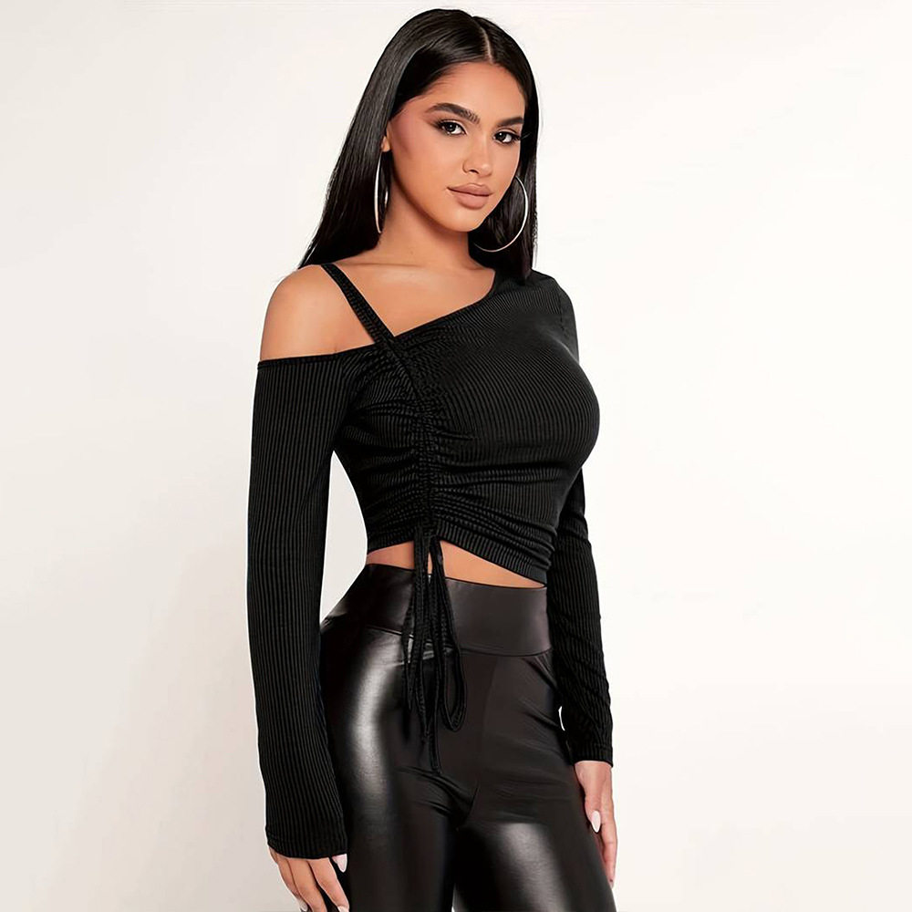 Womens Trendy Spring Summer T Shirt Off Shoulder Slim Fit Solid Color Asymmetrical Neckline Casual Wear