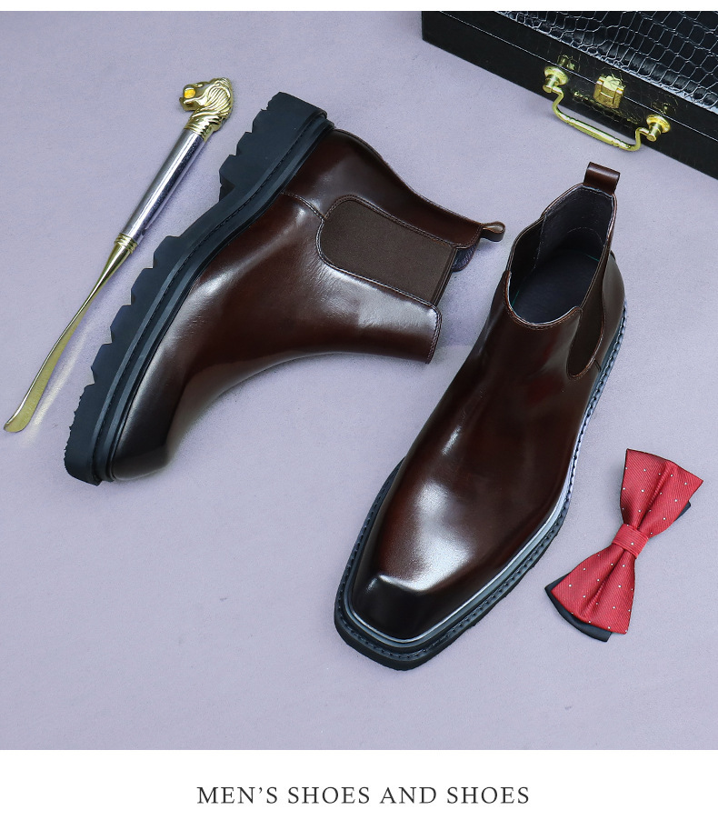 Boot Chelsea nam da bò cổ thấp đế dày phong cách công sở — Lớp lót lông cừu màu nâu cà phê, Màu đen, Lót lông cừu màu đen, Màu cà phê