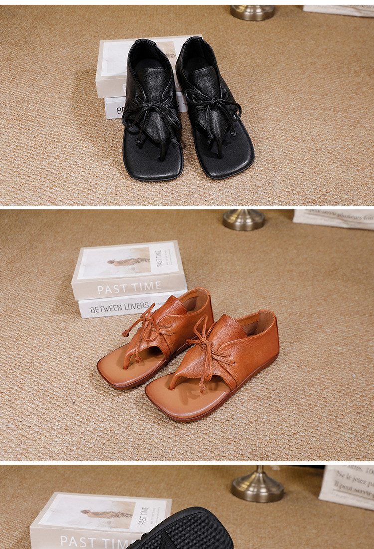 Sandal nữ quai ngang kẹp ngón bít gót đế bằng da bò — màu đen, Màu nâu