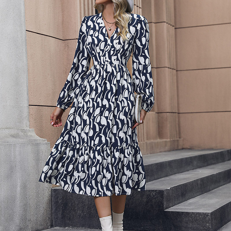 Womens Autumn Dress V Neck Irregular Hem Floral Print Casual Wear for Fall Wholesale Available