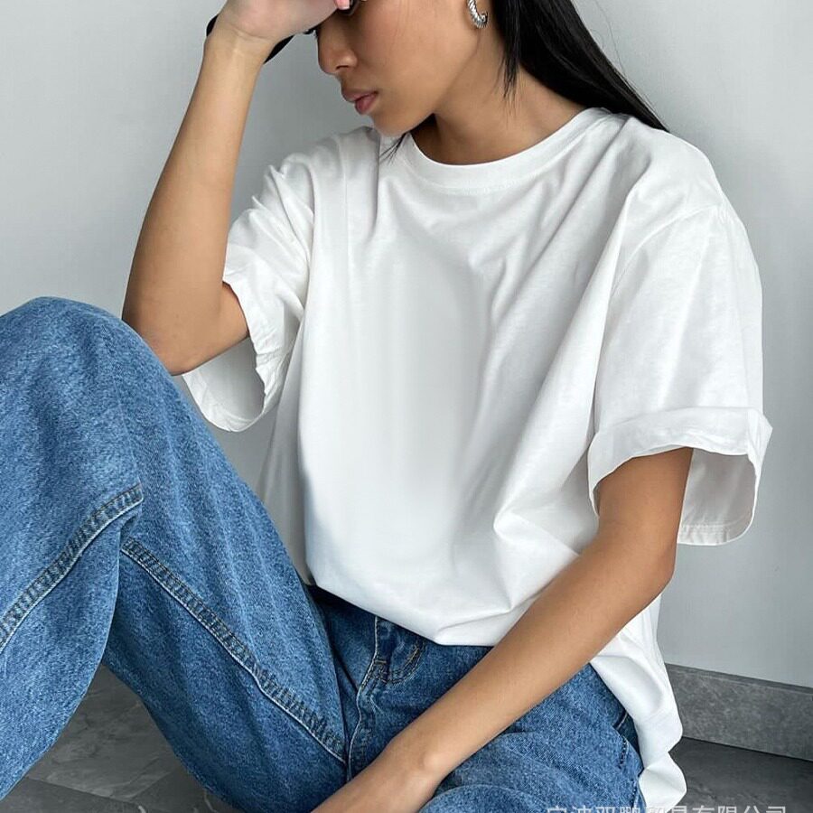 Womens Loose Fit Solid Color Short Sleeve Cotton T Shirt Casual Style Versatile Comfortable Wholesale Available