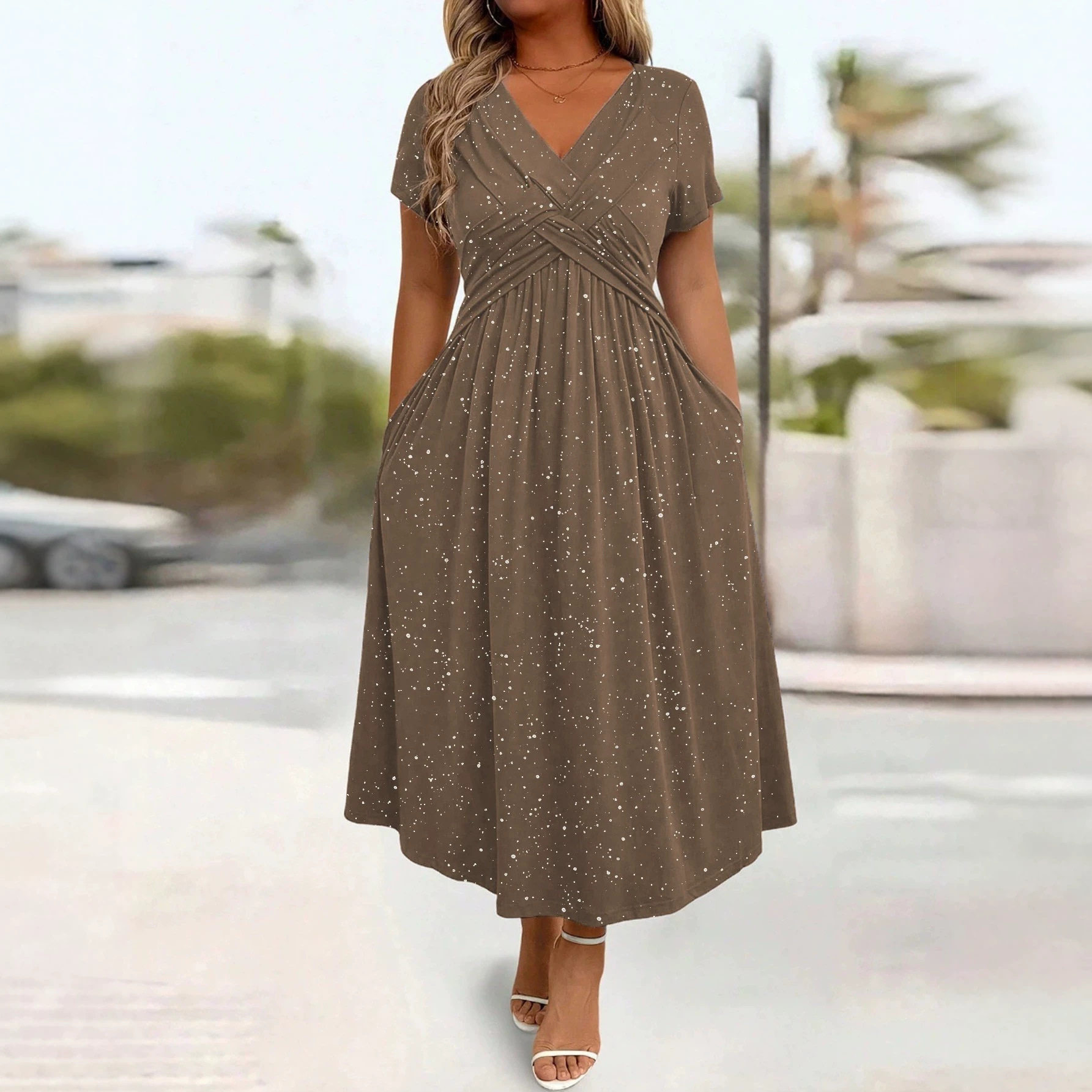 V Neck Short Sleeve Bodycon Dress Shimmering Fabric Waist Defining Fit Summer Style Wholesale Available