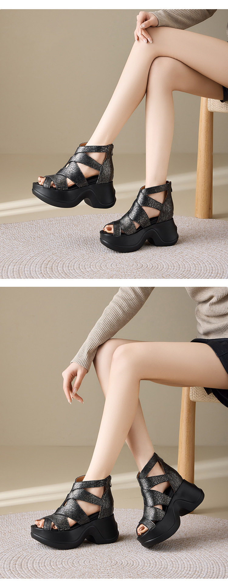Sandal cao gót nữ hở mũi đế xuồng 10 cm, phong cách trẻ trung, đa năng — [Vàng nhạt], [Đen] chi tiết 5