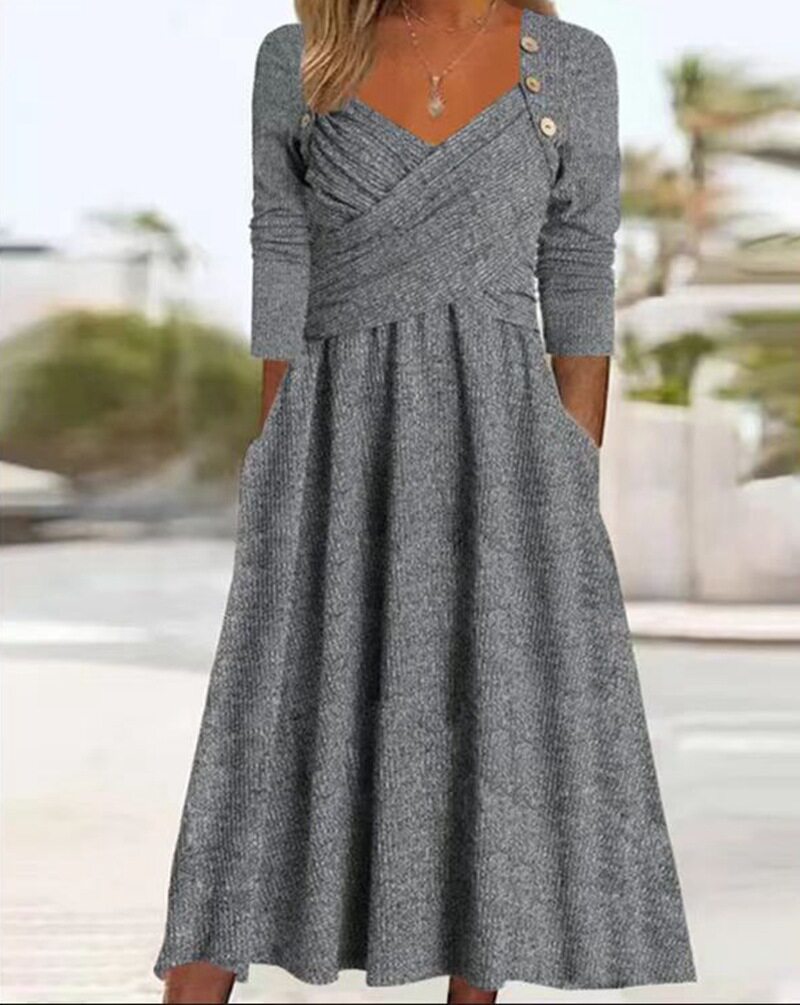 V Neck Long Sleeve Casual Dress Solid Color Autumn Winter Style Perfect for Everyday Wear Wholesale Available