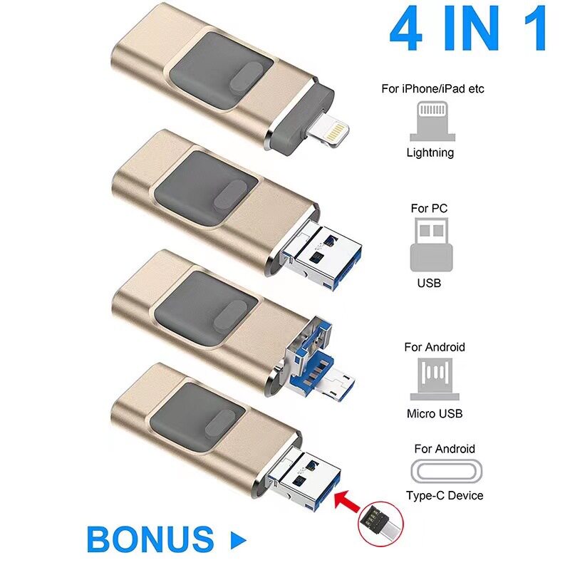 Foreign trade cross-border application Apple typec Android computer four-in-one mobile phone U disk metal push-pull U disk 1TB 2TB