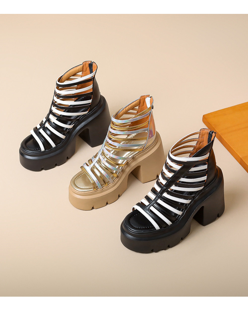 Sandal cao gót nữ mũi hở đế dày 12 cm phong cách La Mã khóa kéo sau — [Đen], [Vàng] chi tiết 12