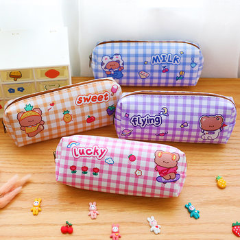 Bear Plaid Pencil Bag for Primary School Students Ins Girl Heart Pencil Bag Large Capacity Storage Stationery Bag School Season Stationery