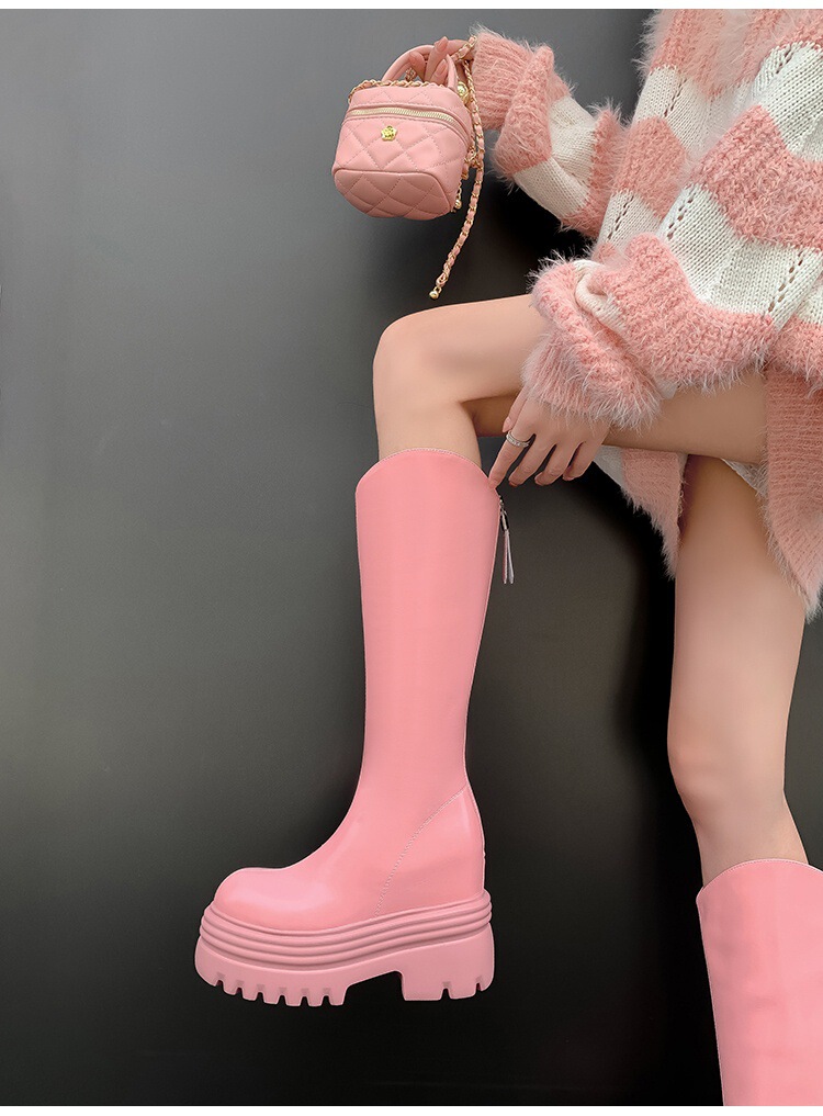 Boot nữ cổ cao da bò đế dày tăng chiều cao, khóa kéo sau, dáng ôm chân — Lớp lót đơn màu đen 12cm, Lớp lót đơn màu đen 15cm, Lớp lót đơn màu hồng 12cm, Lớp lót đơn màu hồng 15cm