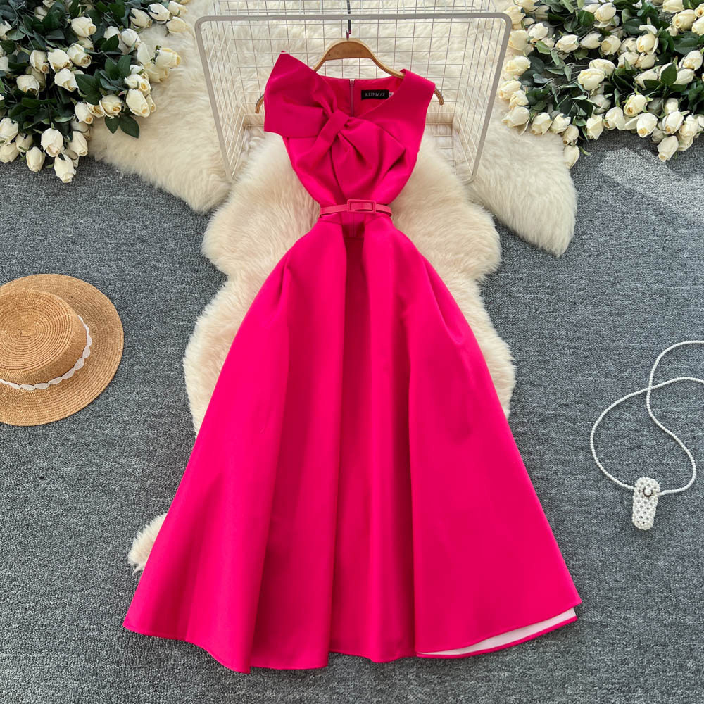 Elegant Womens Dress French Style 3D Bow V Neck Sleeveless Waist Defining Perfect for Formal Occasions