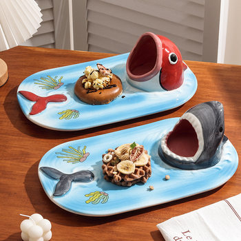 Japanese-style Funny Big-mouth Shark Fish Plate Cartoon Ceramic French Fries Dipped in Sauce and Vinegar Dish Household Dumpling Salmon Sushi Plate