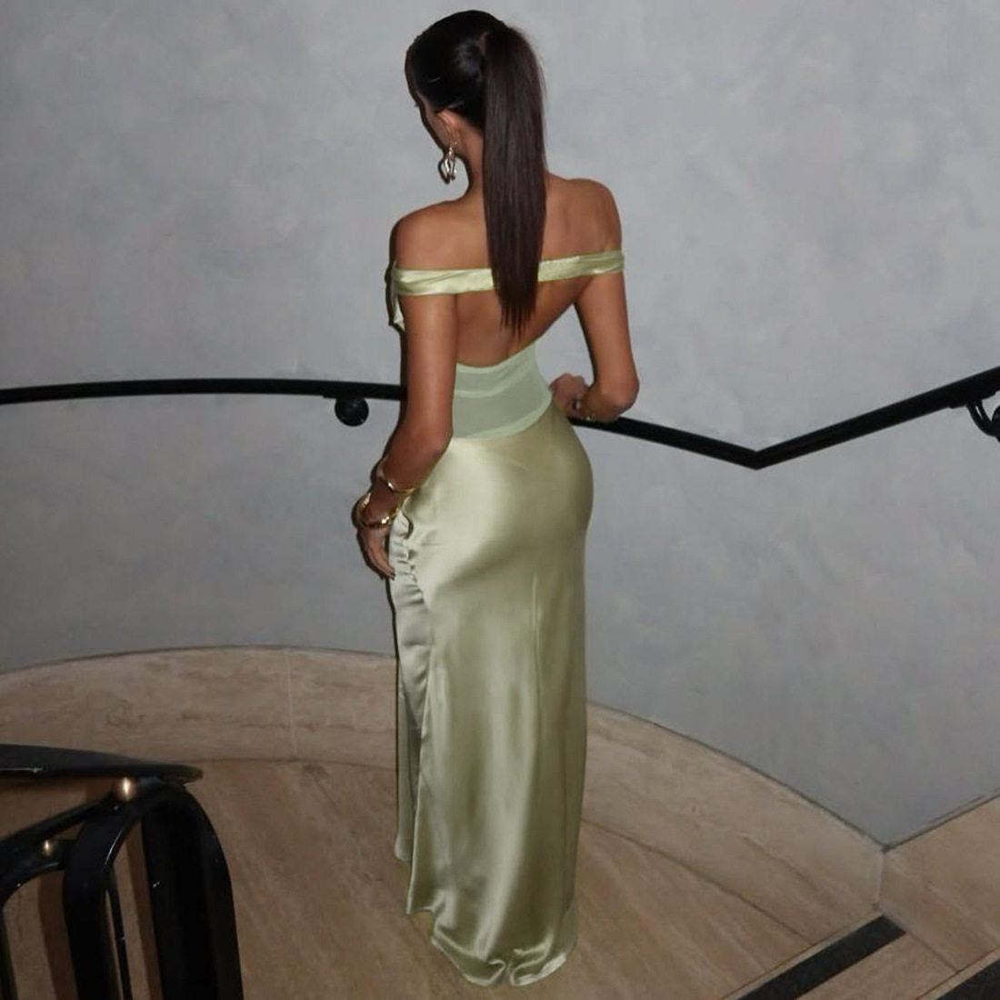 Off Shoulder Sheer Mesh Bodycon Maxi Dress Sexy Form Fitting Elegant Evening Wear Party Dress OEM Available