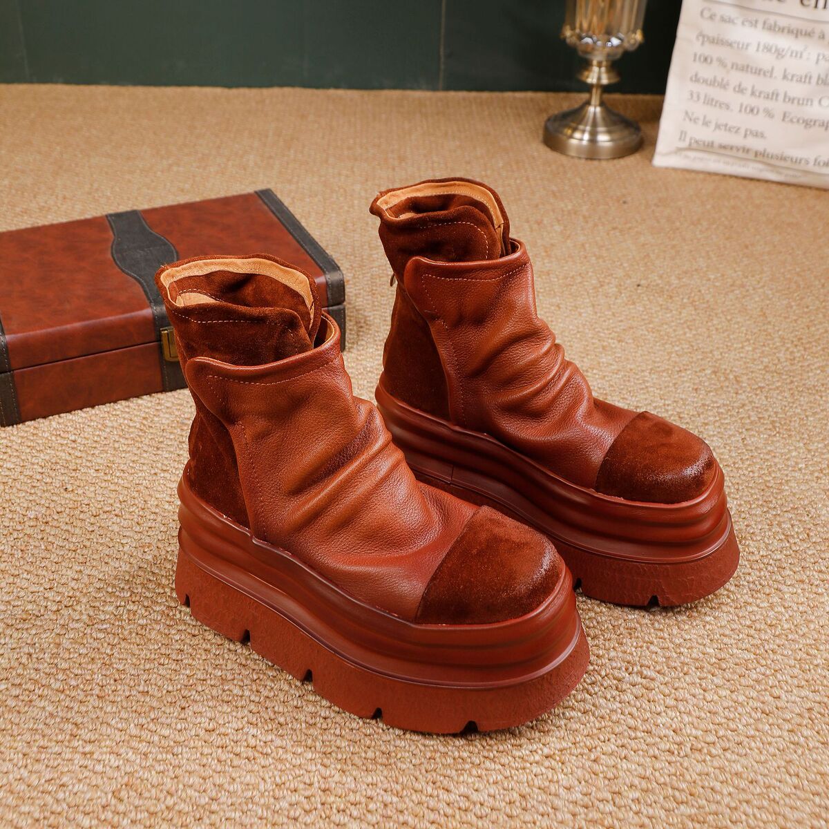 Boot nữ cổ thấp da bò thật đế dày phong cách cổ điển — màu đen, nâu
