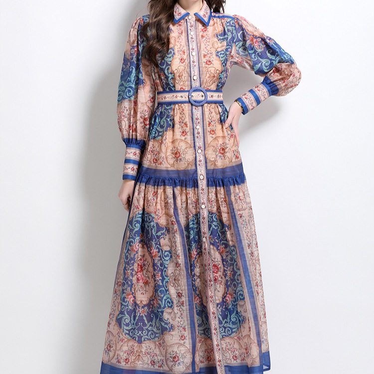 Vintage Floral Print Lantern Sleeve Waist Defined Midi Dress for Women Elegant Slim Fit Classic Style Perfect for