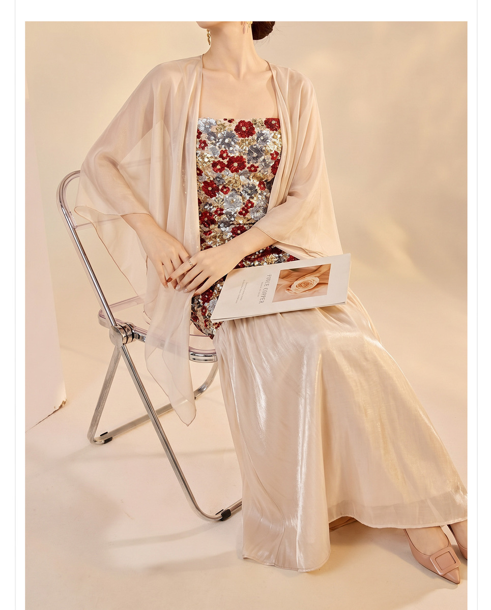Bộ đầm hai dây thêu hoa kèm khăn choàng cardigan dáng dài — Khăn choàng màu be (giao hàng trong 7 ngày), Váy hai dây (giao hàng trong 7 ngày), Váy hai dây (giao hàng trong ngày), Bộ sản phẩm (giao hàng trong 7 ngày)