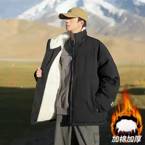 Lamb velvet cotton-padded jacket coat men's winter 2024 new fleece-lined thickened warm cold-proof collar cotton-padded coat solid color