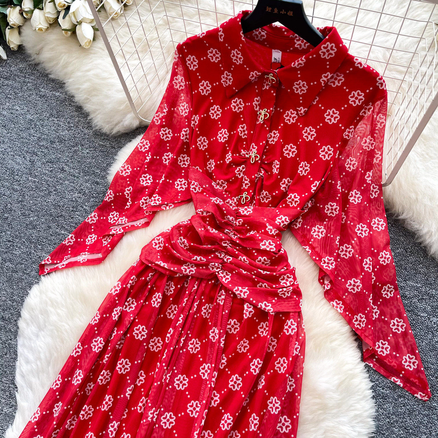 Vintage Polka Dot Maxi Dress for Women Red High Waisted Belted Slim Fit Floral Print Elegant Summer Style