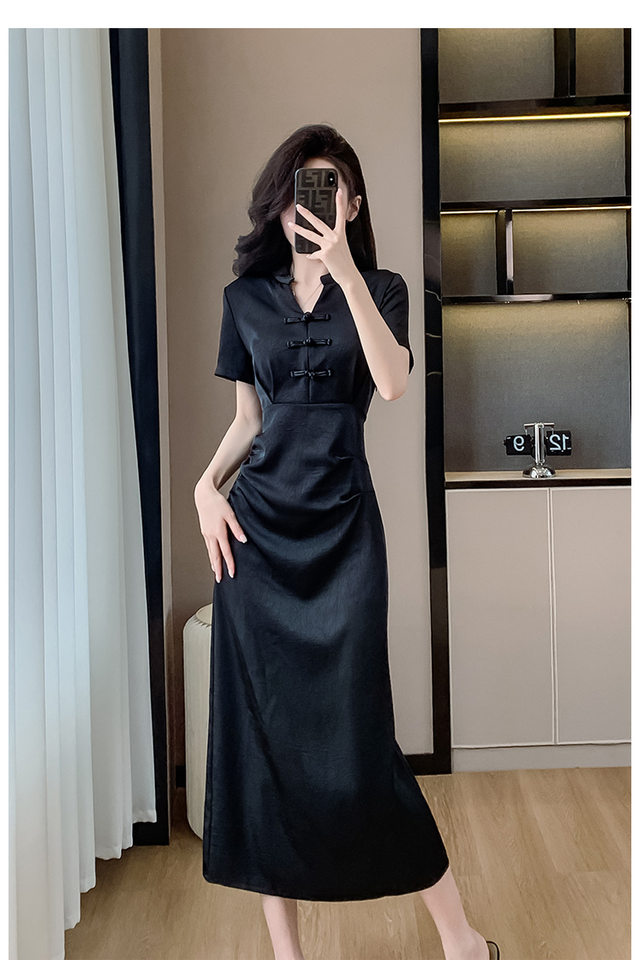 Váy Đầm Nữ Dáng Ôm Chiết Eo Phong Cách Trung Hoa Cổ Điển Màu Đen chi tiết 18