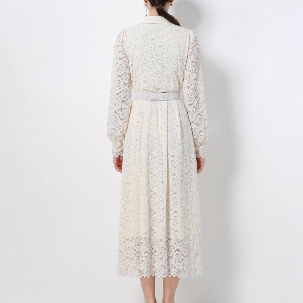 Elegant French Vintage Lace Maxi Dress for Women Autumn Style Waist Tie Single Breasted High End Feel Wholesale