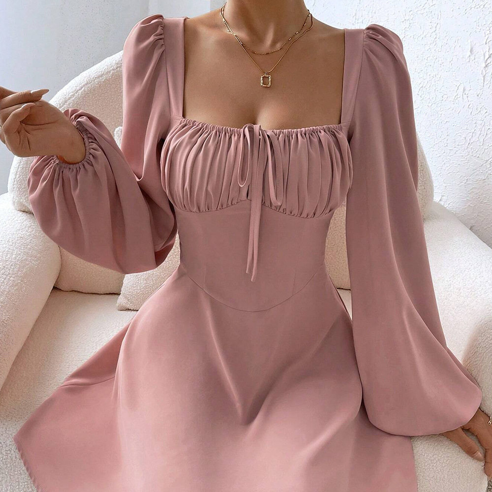 A Line Dress Waist Defined Puff Sleeves Square Neck Sweet Style for Autumn and Winter Wholesale Available