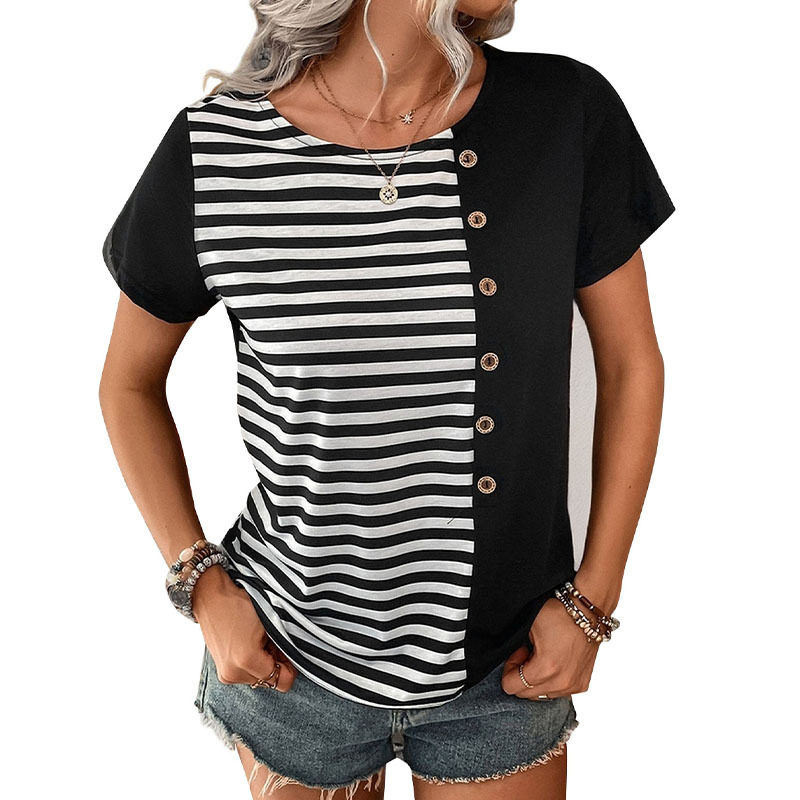 Summer Womens Striped Color Block T Shirt Short Sleeve Casual Style Lightweight Fabric Wholesale Available