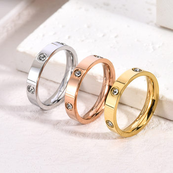 Cross-border Explosions Internet Celebrity Diamond-encrusted Titanium Steel 4mm Ring Light Luxury High-level Sense No Falloff Couple Pair Ring Six Diamond Ring