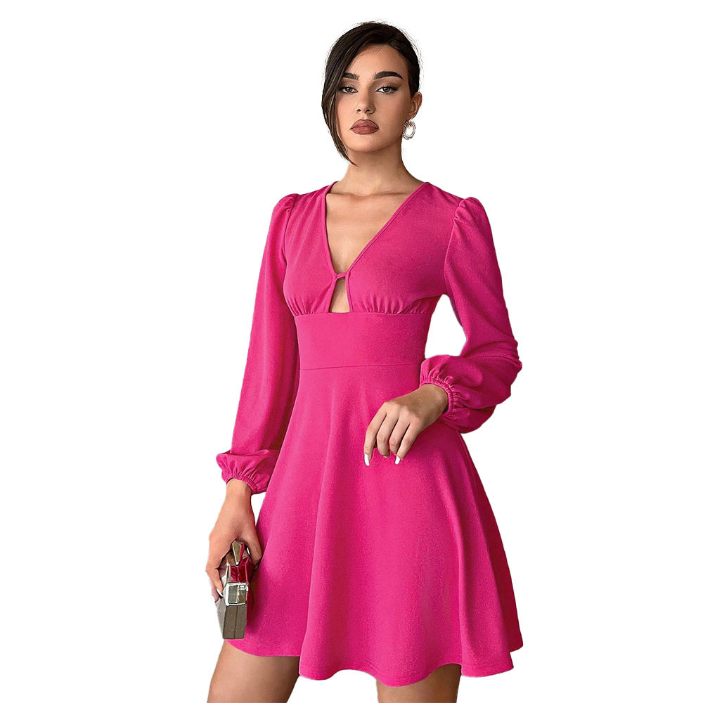 Womens Mini A Line Dress V Neck Puff Sleeves Waist Defined Elegant Autumn Winter Style Wholesale Available