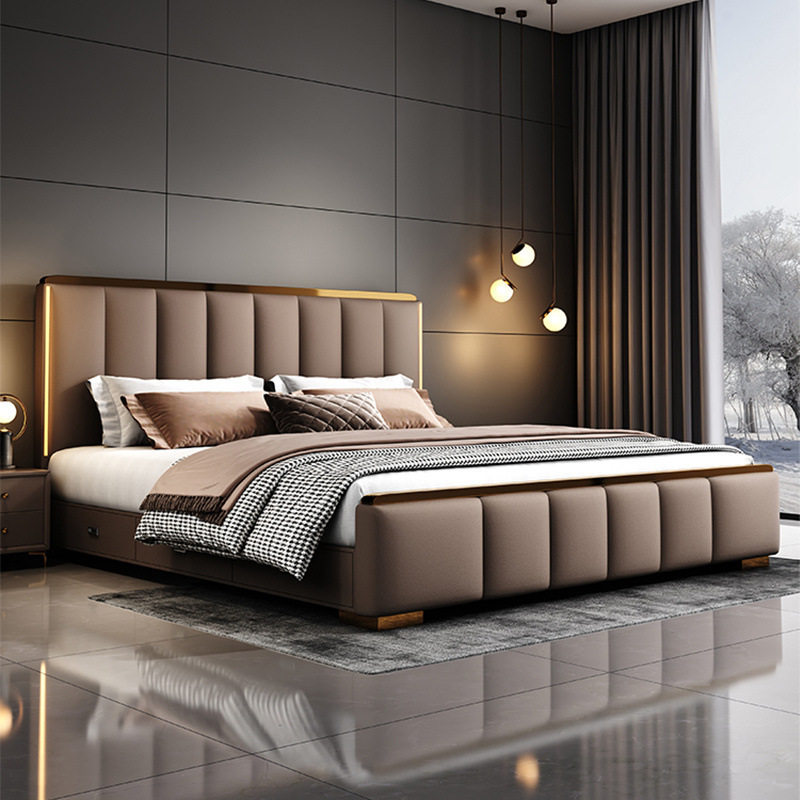 意式轻奢真皮床带灯多功能储物大床主卧1.8m双人床现代简约婚床