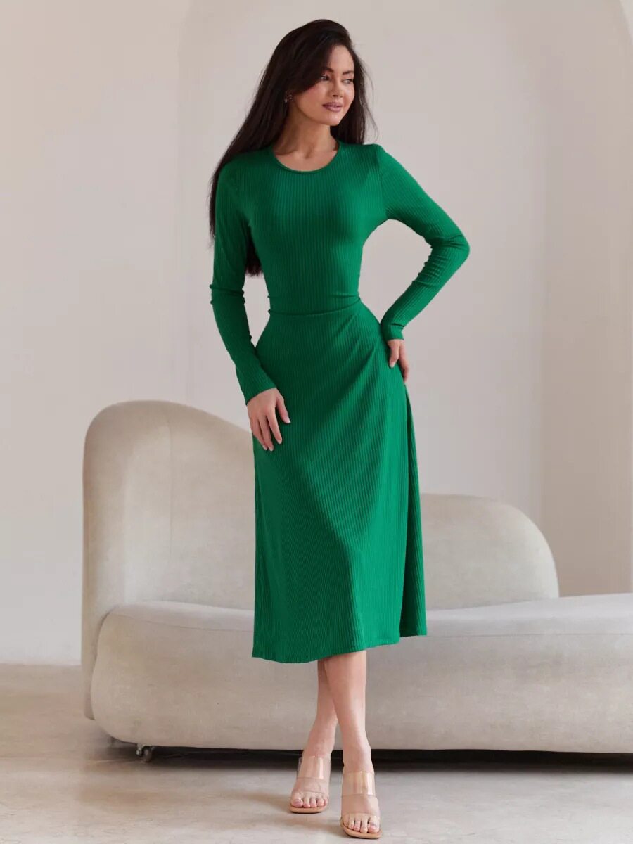 Fashionable Loose Fit U Neck Long Sleeve Dress Back Tie Design Autumn Collection Wholesale Available