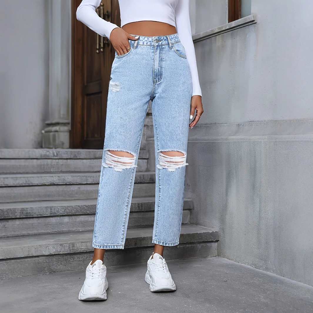 Womens Casual Loose Straight Leg Ripped Denim Jeans European and American Style Perfect for Everyday Wear Wholesale
