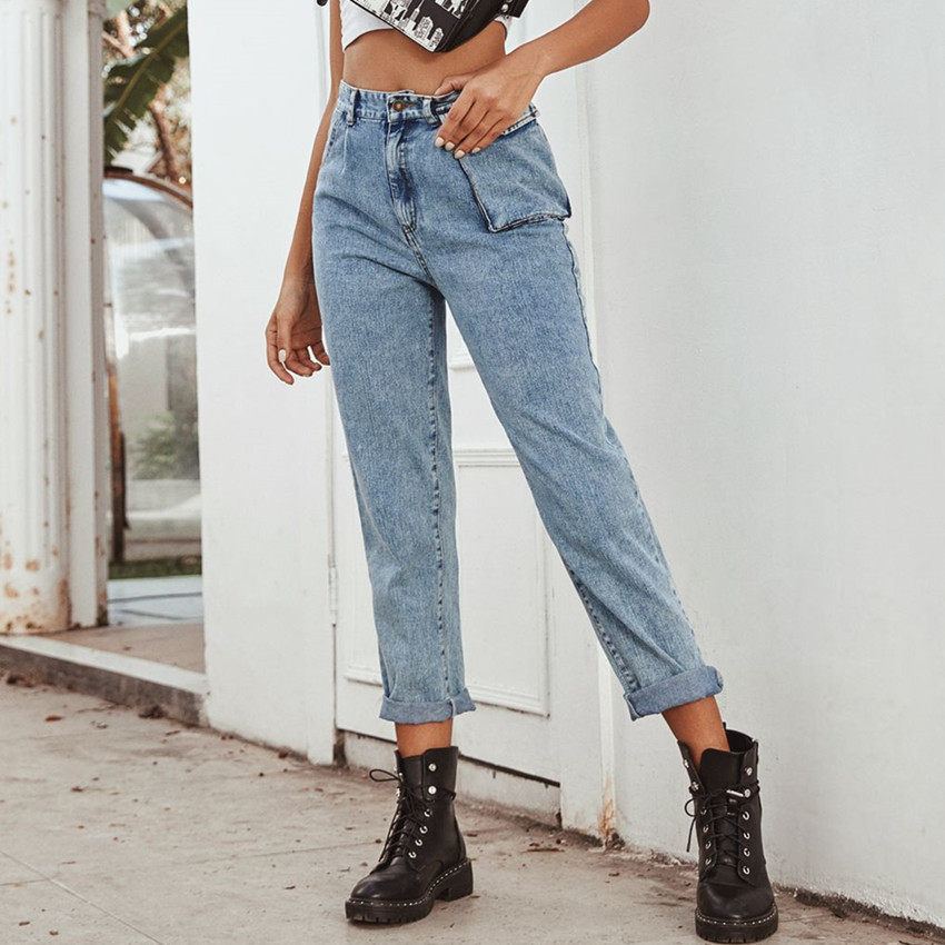 High Waisted Denim Cargo Pants Fashionable Versatile Pocketed Casual Wear for Women Ready to Ship