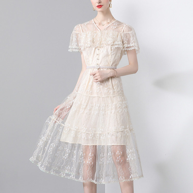 French High End Womens Dress Summer Design Lace Ruffle Trim Waist Defined Elegant Evening Gown Wholesale