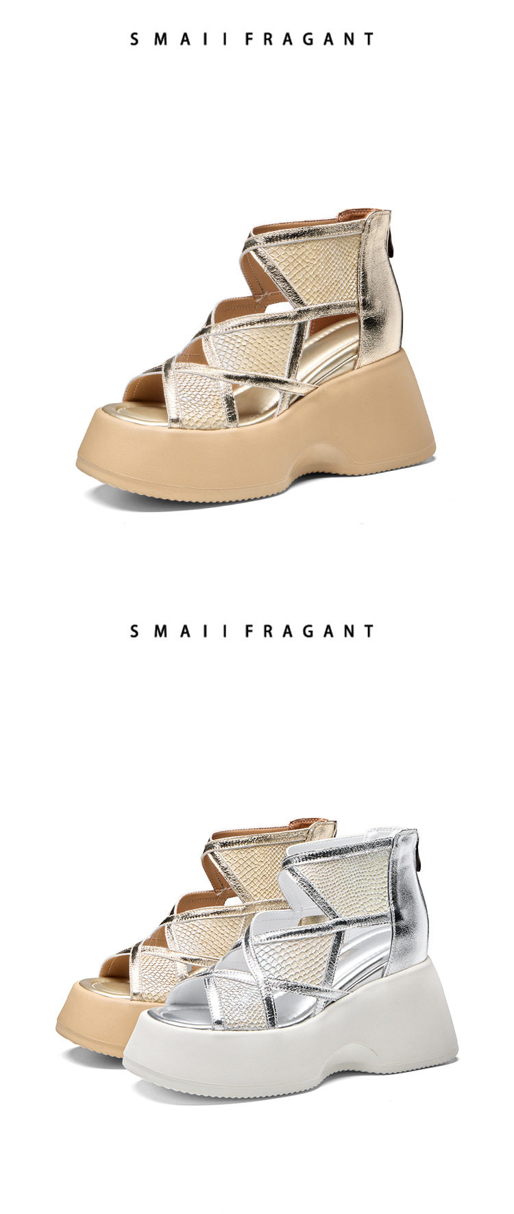 Sandal cao gót nữ hở mũi đế xuồng 10 cm, phong cách đơn giản, tăng chiều cao — [Màu kem], [Màu bạc] chi tiết 9