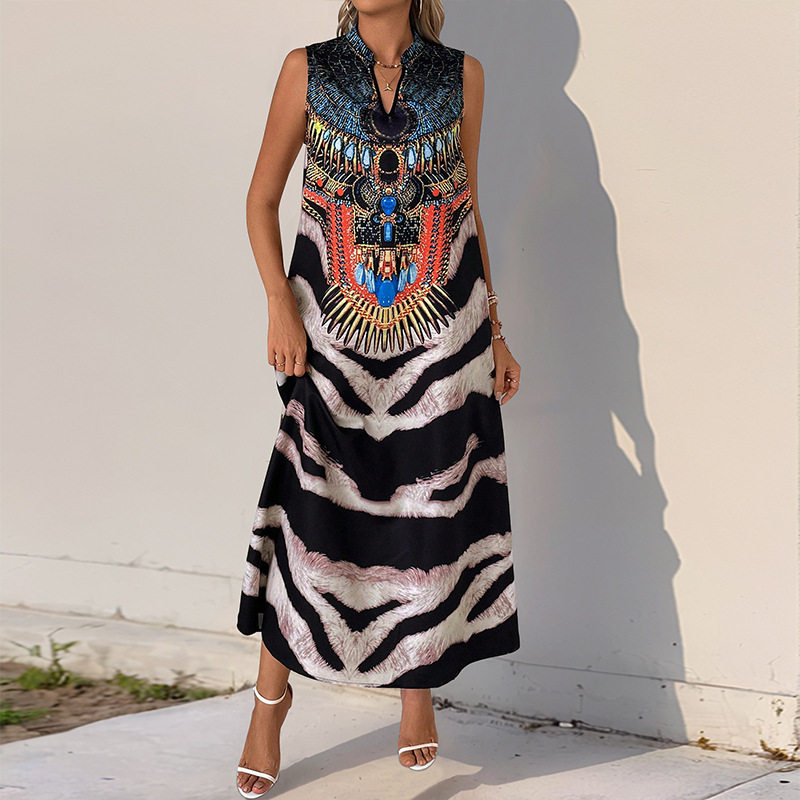Vintage Style Sleeveless Zebra Print Dress Stand Collar Bohemian Design Elegant Look Perfect for Summer Events