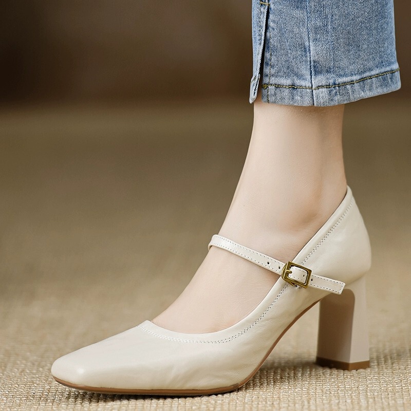 Giày Mary Jane nữ mũi vuông quai ngang phong cách cổ điển — Màu đen 5cm, Màu đen 7cm, Màu đỏ 5cm, Màu đỏ 7cm