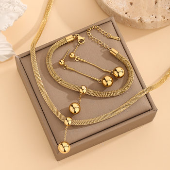 Cross-Border fashion elegant senior niche design hollow gold beads tassel pendant titanium steel necklace bracelet earrings suit