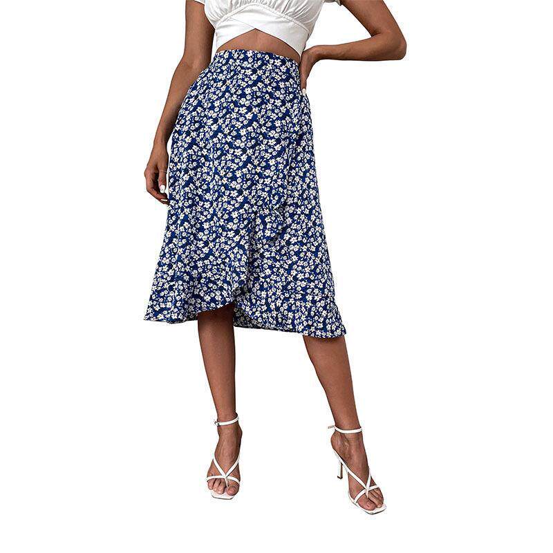 High Waisted Midi Skirt Vintage Floral Print Blue Color Comfortable Fabric Casual Wear Wholesale Available